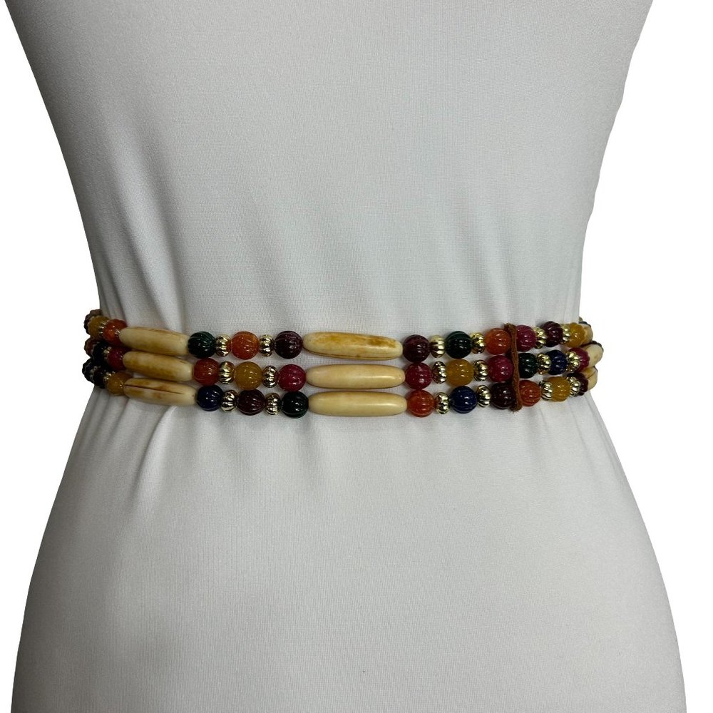 Vintage 90s Womens Beaded Belt Jewel Tones Gold Tone Buckle Size Medium
